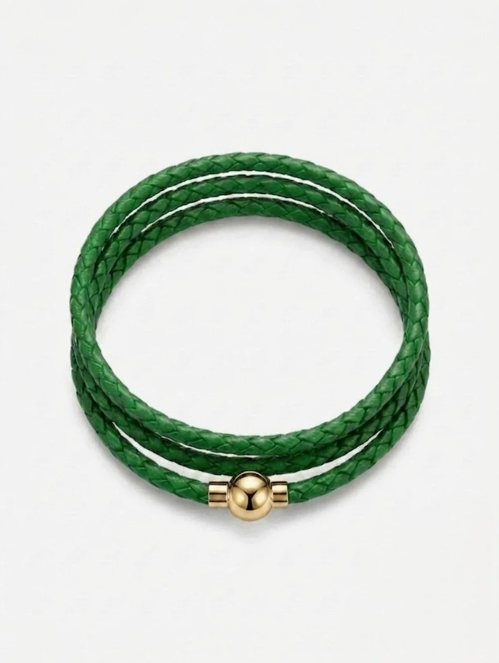 Linx Triple Wrap Green Leather Braided Cord Bracelet Gold Magnetic Clasp